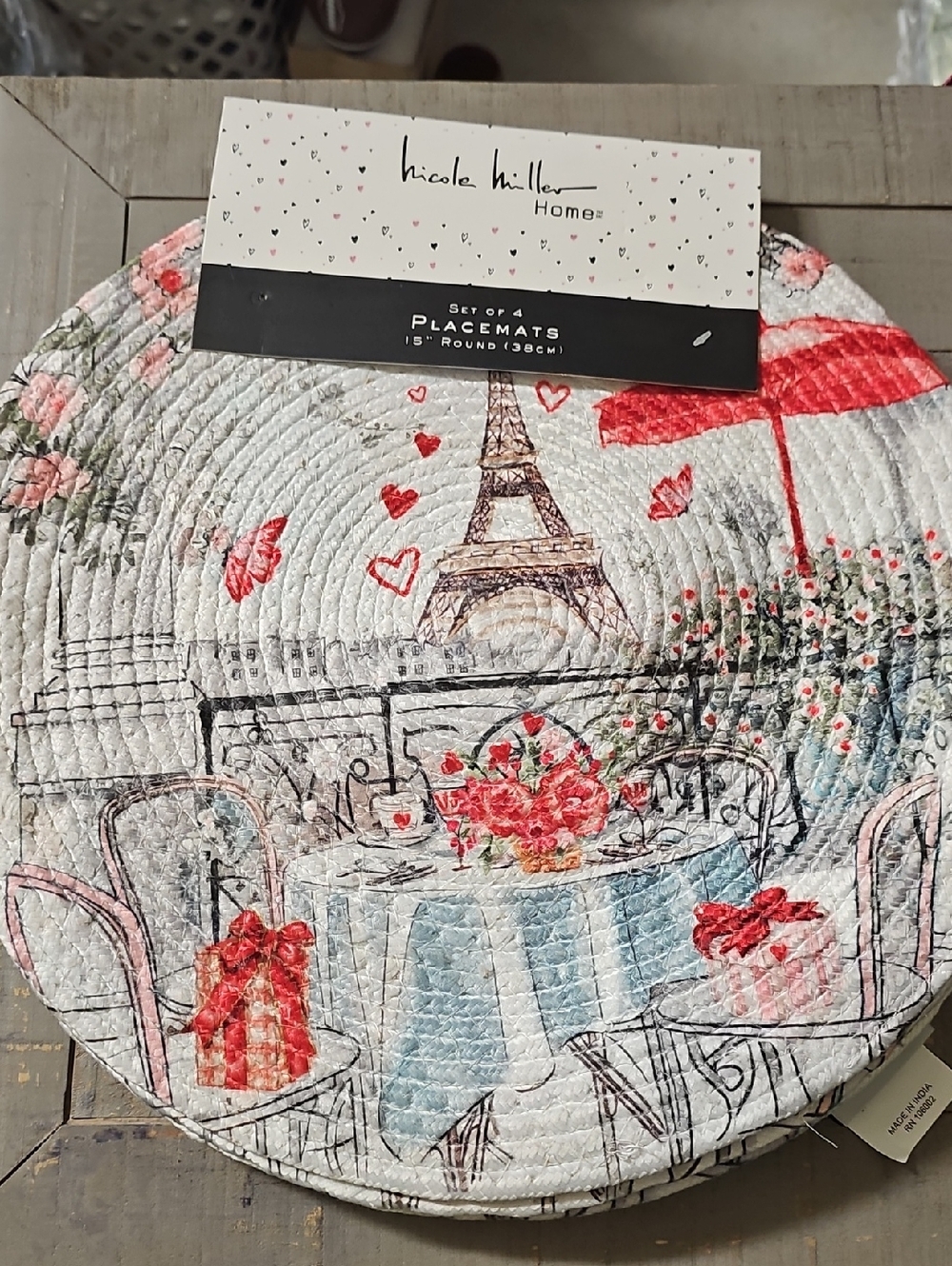 Nwt Nicole Miller Home Paris Café Quilted Placemat - Red & Blue